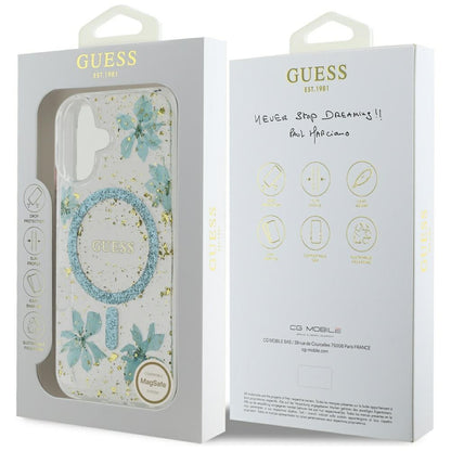 Funda MagSafe para Apple iPhone 16, Guess, Flores de Resina y Purpurina, Turquesa