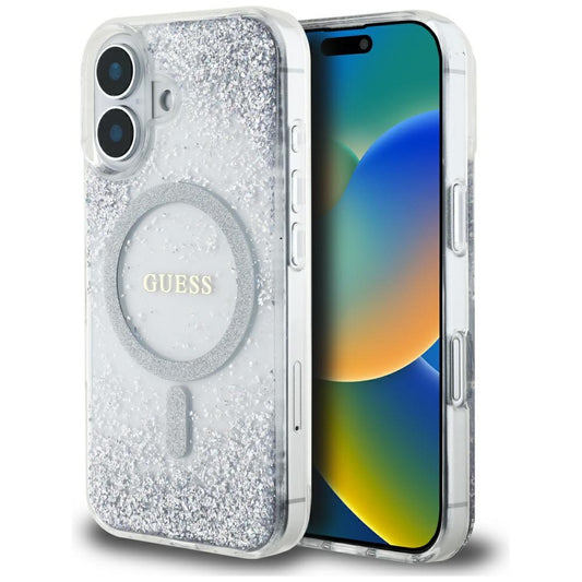 Funda MagSafe para Apple iPhone 16, Guess, Resin Gradient Glitter, Plateada