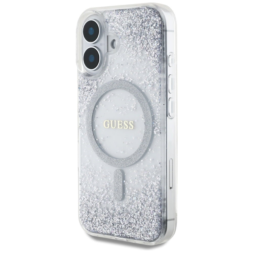 Funda MagSafe para Apple iPhone 16, Guess, Resin Gradient Glitter, Plateada