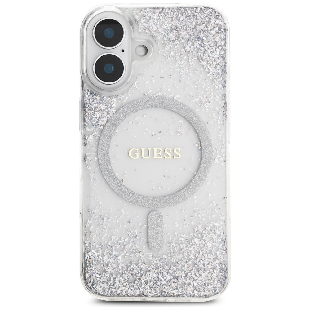 Funda MagSafe para Apple iPhone 16, Guess, Resin Gradient Glitter, Plateada