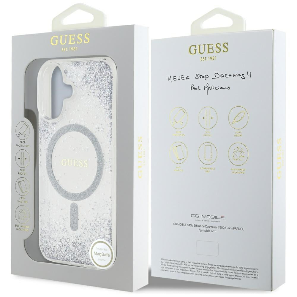 Funda MagSafe para Apple iPhone 16, Guess, Resin Gradient Glitter, Plateada