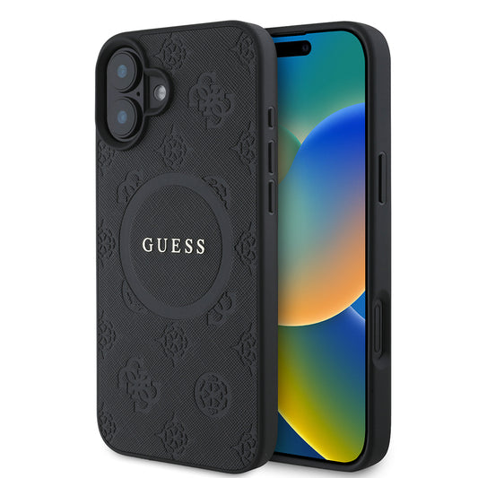Funda MagSafe para Apple iPhone 16, Guess, Saffiano Peony Classic Logo, Negra