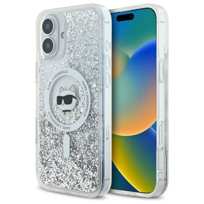 Funda MagSafe para Apple iPhone 16, Karl Lagerfeld, Glitter Liquid Choupette Head, Transparente