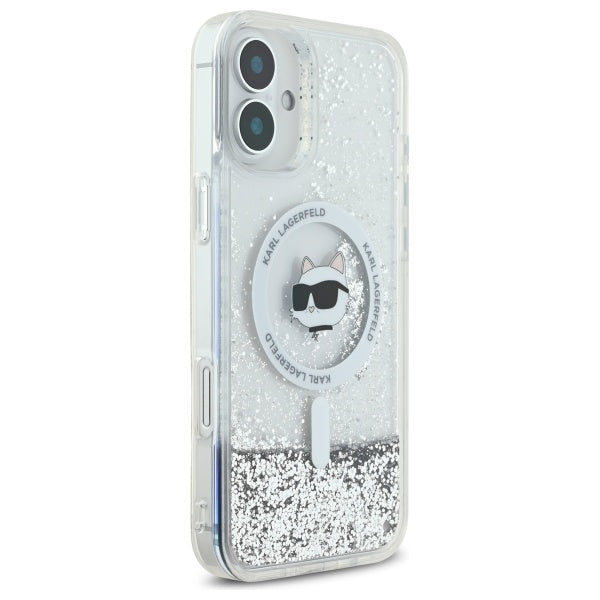 Funda MagSafe para Apple iPhone 16, Karl Lagerfeld, Glitter Liquid Choupette Head, Transparente