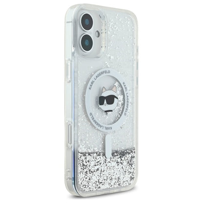 Funda MagSafe para Apple iPhone 16, Karl Lagerfeld, Glitter Liquid Choupette Head, Transparente