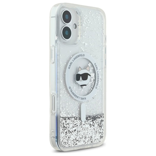 Funda MagSafe para Apple iPhone 16, Karl Lagerfeld, Glitter Liquid Choupette Head, Transparente