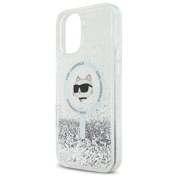 Funda MagSafe para Apple iPhone 16, Karl Lagerfeld, Glitter Liquid Choupette Head, Transparente