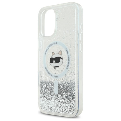 Funda MagSafe para Apple iPhone 16, Karl Lagerfeld, Glitter Liquid Choupette Head, Transparente