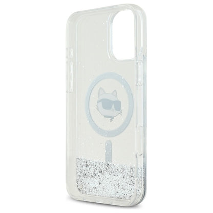 Funda MagSafe para Apple iPhone 16, Karl Lagerfeld, Glitter Liquid Choupette Head, Transparente