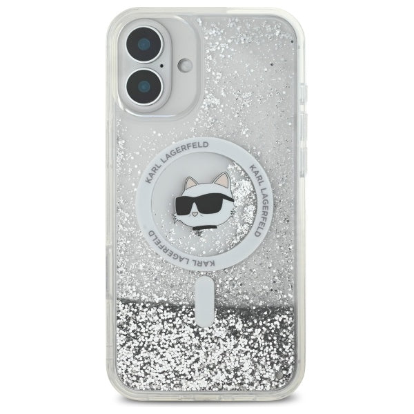 Funda MagSafe para Apple iPhone 16, Karl Lagerfeld, Glitter Liquid Choupette Head, Transparente