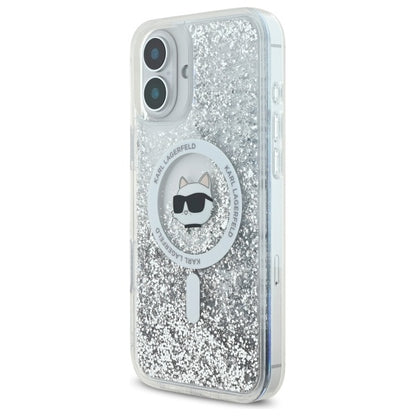 Funda MagSafe para Apple iPhone 16, Karl Lagerfeld, Glitter Liquid Choupette Head, Transparente