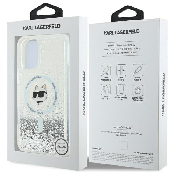 Funda MagSafe para Apple iPhone 16, Karl Lagerfeld, Glitter Liquid Choupette Head, Transparente