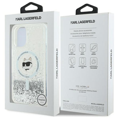 Funda MagSafe para Apple iPhone 16, Karl Lagerfeld, Glitter Liquid Choupette Head, Transparente