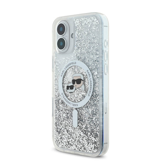 Funda MagSafe para Apple iPhone 16, Karl Lagerfeld, Glitter Liquid Karl & Choupette's Heads, Transparente