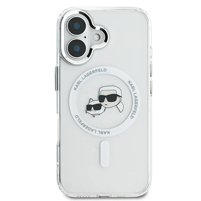 Funda MagSafe para Apple iPhone 16, Karl Lagerfeld, IML Metal Karl & Choupette's Heads, Blanca