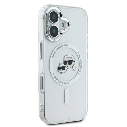 Funda MagSafe para Apple iPhone 16, Karl Lagerfeld, IML Metal Karl & Choupette's Heads, Blanca