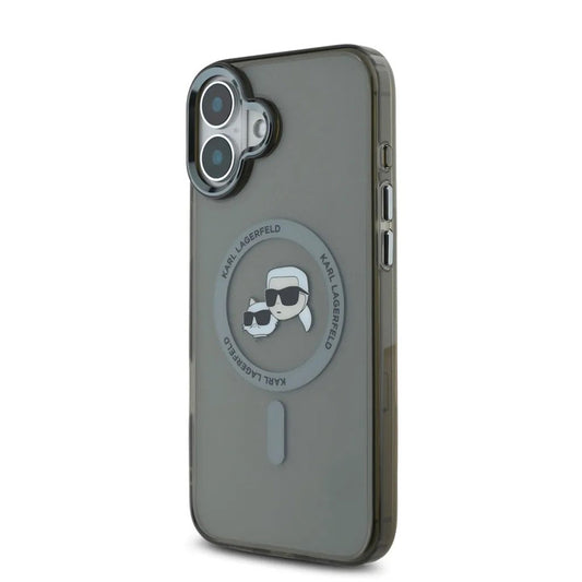 Funda MagSafe para Apple iPhone 16, Karl Lagerfeld, IML Metal Karl & Choupette's Heads, Negra