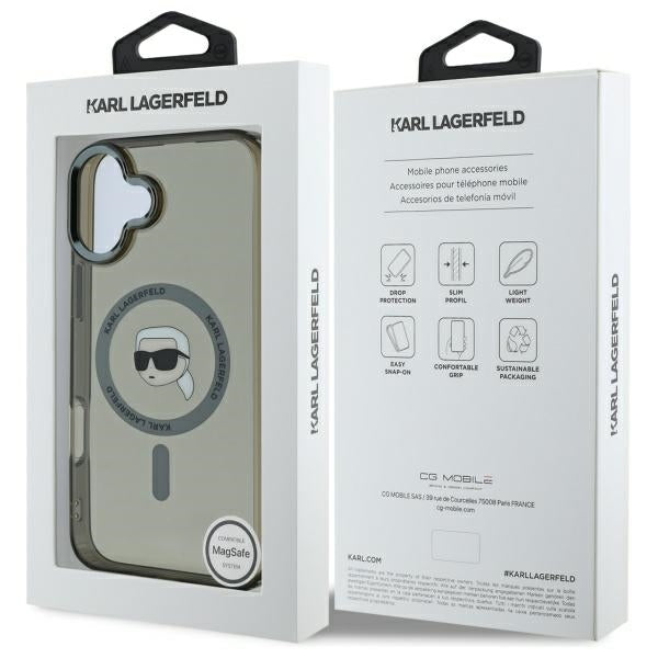 Funda MagSafe para Apple iPhone 16, Karl Lagerfeld, IML Metal Karl's Head, Negra