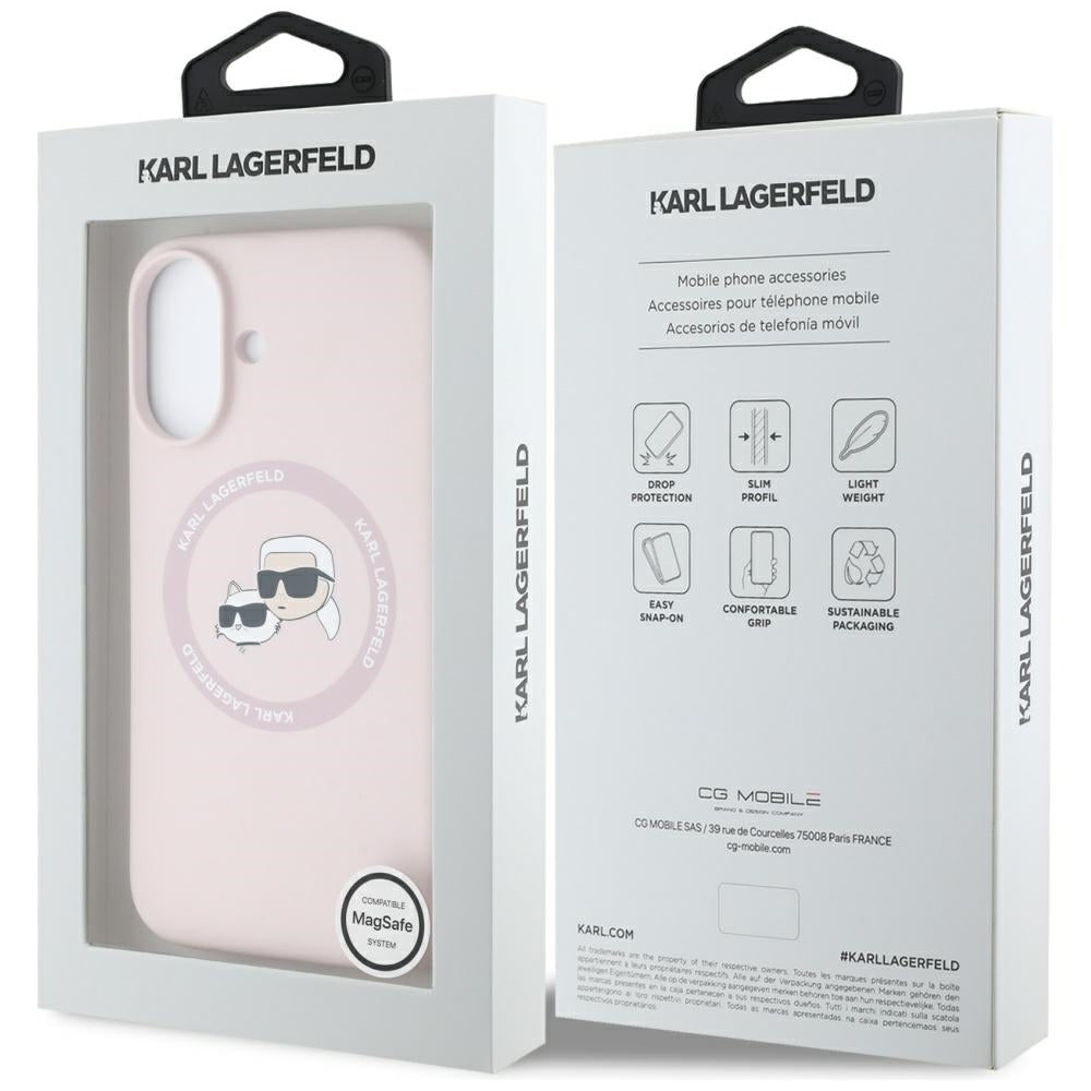 Funda MagSafe para Apple iPhone 16, Karl Lagerfeld, Silicona Karl & Choupette's Heads, Rosa