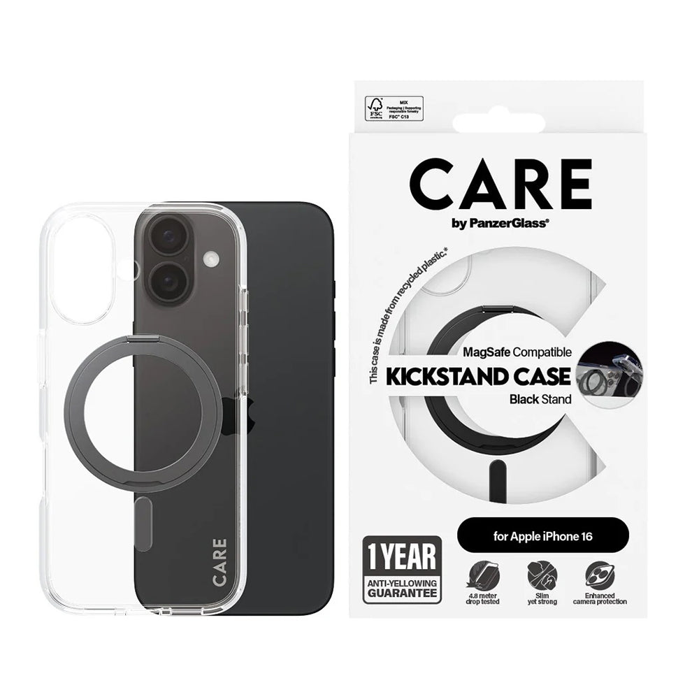Funda MagSafe para Apple iPhone 16, PanzerGlass, con soporte Kickstand, Transparente Negra