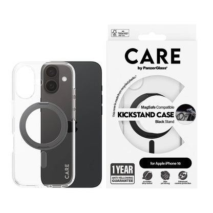 Funda MagSafe para Apple iPhone 16, PanzerGlass, con soporte Kickstand, Transparente Negra