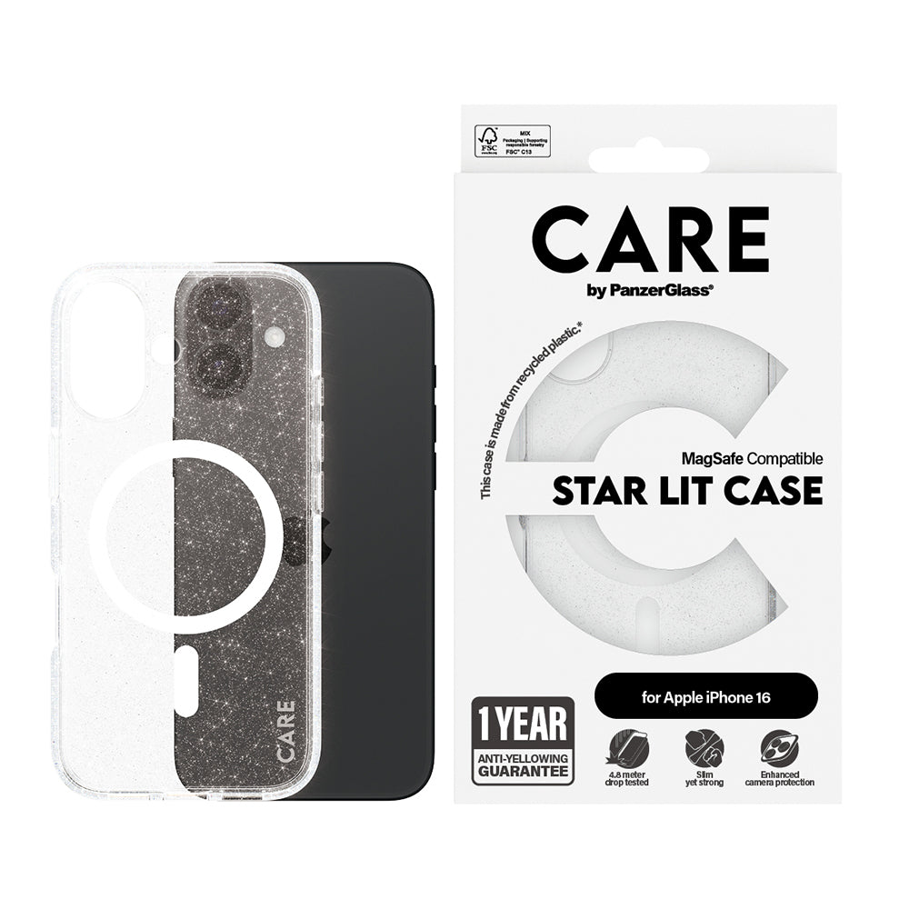 Funda MagSafe para Apple iPhone 16, PanzerGlass, Care Urban Combat Star Lit, Transparente Blanca
