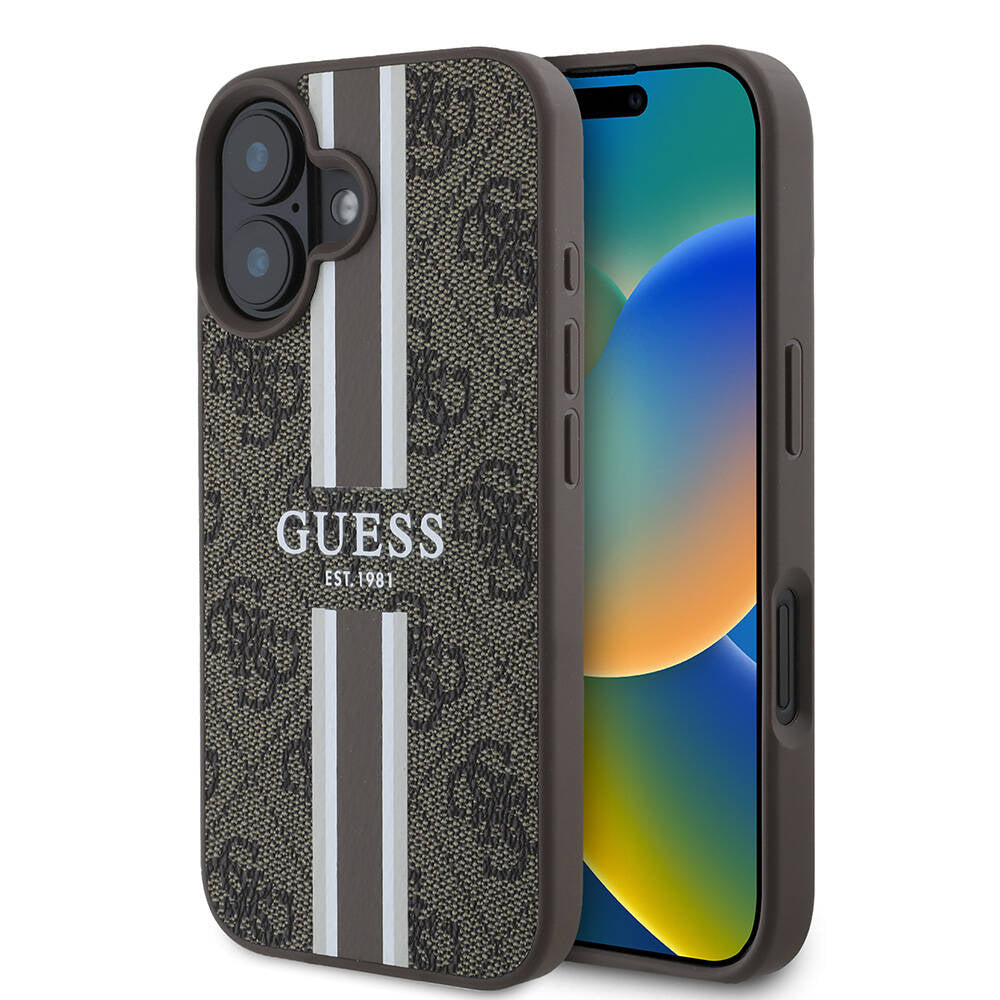 Funda MagSafe para Apple iPhone 16 Plus, Guess, 4G Printed Stripes, Marrón