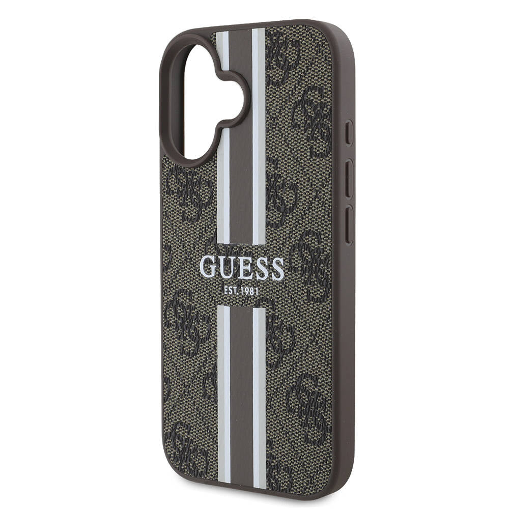 Funda MagSafe para Apple iPhone 16 Plus, Guess, 4G Printed Stripes, Marrón