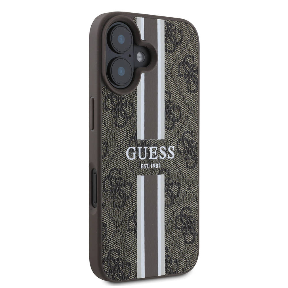 Funda MagSafe para Apple iPhone 16 Plus, Guess, 4G Printed Stripes, Marrón