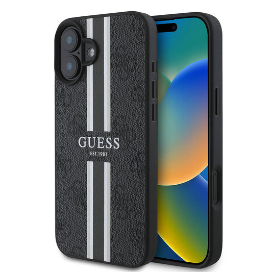 Funda MagSafe para Apple iPhone 16 Plus, Guess, 4G Printed Stripes, Negra