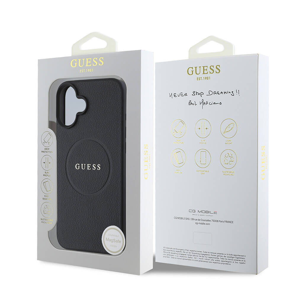 Funda MagSafe para Apple iPhone 16 Plus, Guess, Grained Gold Ring, Negra
