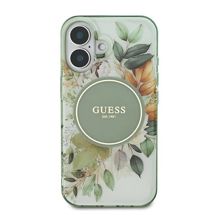 Funda MagSafe para Apple iPhone 16 Plus, Guess, IML Flower & Tonal Circle, Verde
