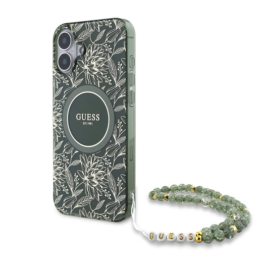 Funda MagSafe para Apple iPhone 16 Plus, Guess, IML Flowers Allover Electroplated with Pearl Strap, Verde