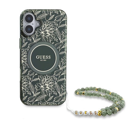 Funda MagSafe para Apple iPhone 16 Plus, Guess, IML Flowers Allover Electroplated with Pearl Strap, Verde