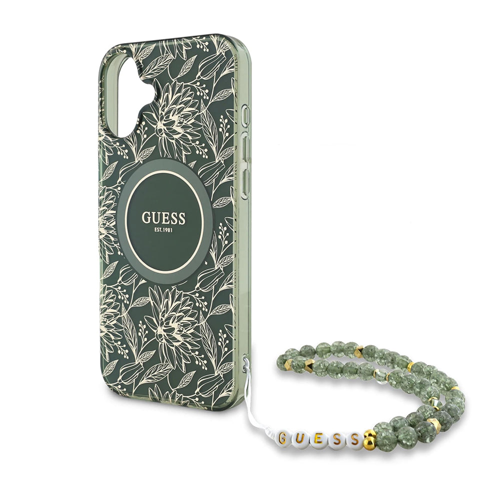 Funda MagSafe para Apple iPhone 16 Plus, Guess, IML Flowers Allover Electroplated with Pearl Strap, Verde