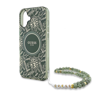 Funda MagSafe para Apple iPhone 16 Plus, Guess, IML Flowers Allover Electroplated with Pearl Strap, Verde