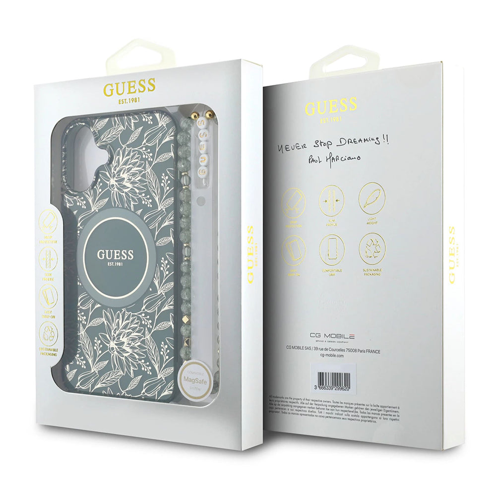 Funda MagSafe para Apple iPhone 16 Plus, Guess, IML Flowers Allover Electroplated with Pearl Strap, Verde