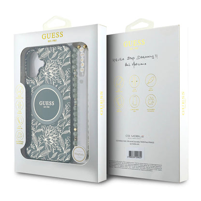 Funda MagSafe para Apple iPhone 16 Plus, Guess, IML Flowers Allover Electroplated with Pearl Strap, Verde