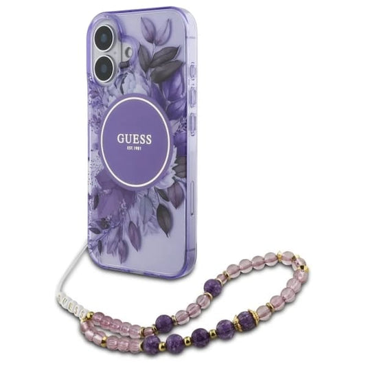 Funda MagSafe para Apple iPhone 16 Plus, Guess, IML Flowers with Pearl Strap, Morado