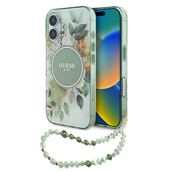 Funda MagSafe para Apple iPhone 16 Plus, Guess, IML Flowers with Pearl Strap, Verde