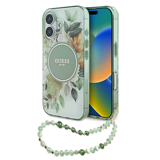 Funda MagSafe para Apple iPhone 16 Plus, Guess, IML Flowers with Pearl Strap, Verde