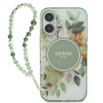 Funda MagSafe para Apple iPhone 16 Plus, Guess, IML Flowers with Pearl Strap, Verde