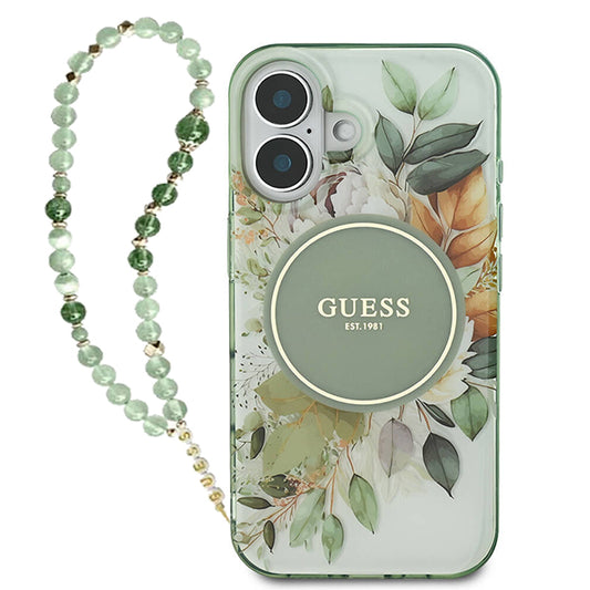 Funda MagSafe para Apple iPhone 16 Plus, Guess, IML Flowers with Pearl Strap, Verde