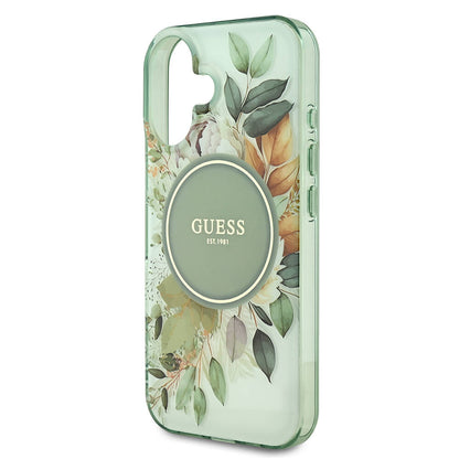 Funda MagSafe para Apple iPhone 16 Plus, Guess, IML Flowers with Pearl Strap, Verde