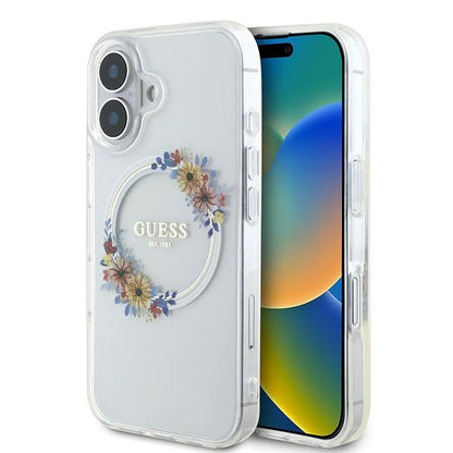 Funda MagSafe para Apple iPhone 16 Plus, Guess, IML Flowers Wreath, Transparente
