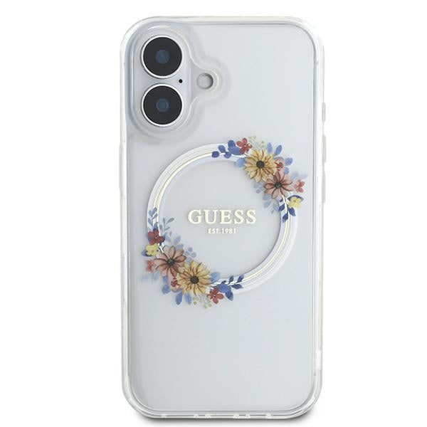 Funda MagSafe para Apple iPhone 16 Plus, Guess, IML Flowers Wreath, Transparente