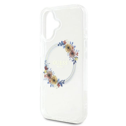 Funda MagSafe para Apple iPhone 16 Plus, Guess, IML Flowers Wreath, Transparente