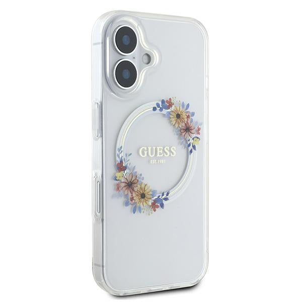 Funda MagSafe para Apple iPhone 16 Plus, Guess, IML Flowers Wreath, Transparente