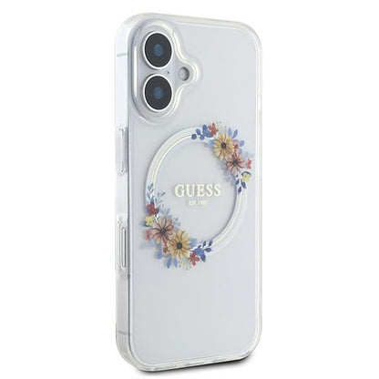 Funda MagSafe para Apple iPhone 16 Plus, Guess, IML Flowers Wreath, Transparente