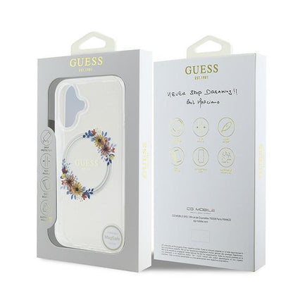 Funda MagSafe para Apple iPhone 16 Plus, Guess, IML Flowers Wreath, Transparente